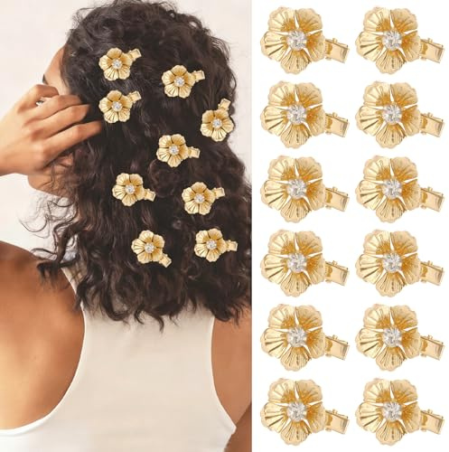 ANBALA 12Pcs Small Gold Hair Clips Elegant Flower Hair Barrettes Crystal Floral Alligator Clips Rhinestone Gold Claw Clip for Women Girls