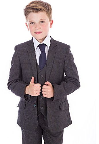 Vivaki Boys Suit Grey Check Paisley Lining Formal Wedding Pageboy Party Prom 5pc Suit (11/12 Years)
