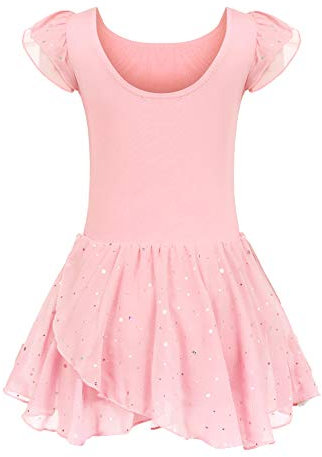 trudge Kinder Ballettkleidung Ballettkleid Mädchen Kurzarm Baumwolle Balletttrikot Ballettanzug Tanzkleid Tanzbody mit Rock Tütü, 140, Rosa