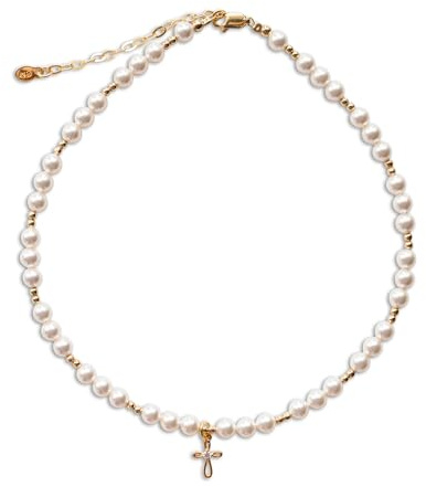 Cherished Moments Children's 14K Gold-Plated Simulated Pearl Cross Necklace, Girls First Communion Gift, Special Occasion Flower Girl, Toddlers, Kids 12-14 inches