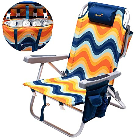 SUNNYFEEL Low Beach Chair 5 Position Lay Flat, Portable Folding Backpack Beach Chairs Heavy Duty with Cooler Bag, Cup Holder for Outdoor/Lawn/Trip/Picnic/Fishing, Foldable Camping Chair