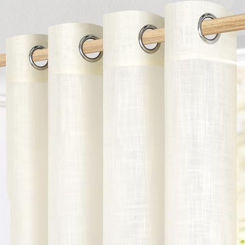MRTREES Cortinas Dormitorio Cortas de Lino Blanco Marfil 2 Piezas con Ojales, Cortina Translucida para Salon y Comedor, Visillo Elegante para Ventanas Modernas, 140x160 CM