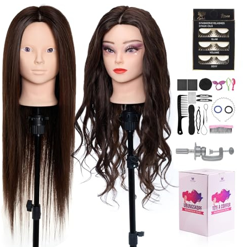 Neverland Beauty 71 cm frisörhuvud frisörer träningshuvud 60% mänskligt hår dockhuvud för frisör och smink för professionella och förstagångsanvändare med falska ögonfransar + DIY flätat hårset