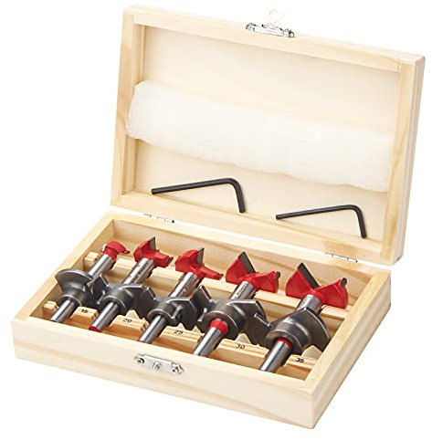 HPHOPE Forstner Bit Set 5Pcs Adjustable Positioning Drill, 15/20/25/30/35mm Forstner Bits for Wood Drilling, Cemented Carbide Woodworking Hole Saw with Depth Stoper (Depth Range 10-40mm)