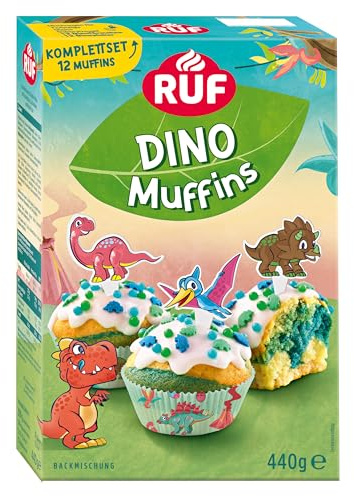 RUF Dino Muffins Komplettset Backmischung für dreifarbige Muffins mit Zuckerglasur, bunten Dino-Streuseln und Motiv-Pickern, lustiger Backspaß mit Kindern, ideal für Geburtstage, inkl. Förmchen