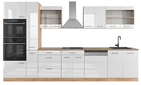 Vicco Küchenzeile R-Line, Weiß Hochglanz/Goldkraft Eiche, 350 cm mit Hochschrank, AP Eiche, zur individuellen Erweiterung und flexiblen Anordnung geeignet