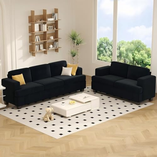 Apicizon Loveseat & 3 Seater Sofa Sets, 89 Couch Sofa Set for Living Room Furniture, 2 Piece Modern Sleeper Sofa with Deep Seat Cloud Couch for Apartment Lounge, Black Corduroy