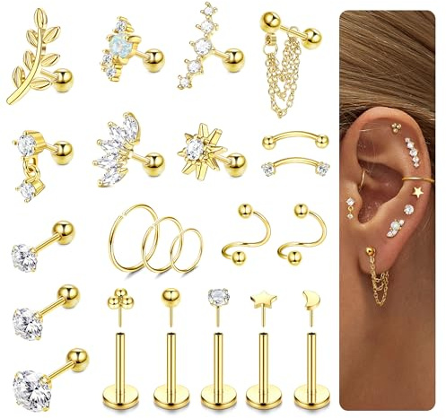 KRFY 22 Pezzi Piercing Orecchio Trago 16G Set Orecchini Donna Acciaio Chirurgico Ipoallergenica Trago Conch Helix Piercing Oro