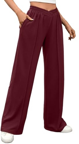 Pantalon de jogging à jambe droite élastique avec cordon de serrage et poches pour femme, coupe ample, couleur unie, pantalon de jogging, yoga, fitness, gym, sport, tenue de détente, bordeaux, M