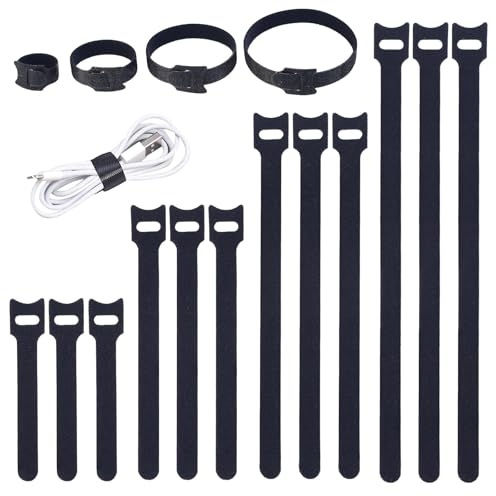 TQIOQIY 200pcs Cable Ties Organizer Set, Black Reusable Self-Gripping Fabric Cable Straps Ties Hook and Loop Various Sizes Wire Ties Cord Organizer Adjustable Cable Straps for Cord Organizer