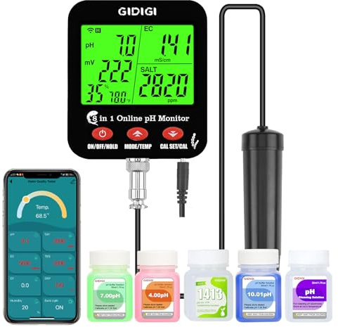 GIDIGI Intelligent Vattumannen pH-mätare, kontinuerlig pH-hydroponisk bildskärm, stor skärm kan visa flera parametrar samtidigt, 8 i 1 pH EC PPM ORP salt och fuktighet för akvarium, hydroponik