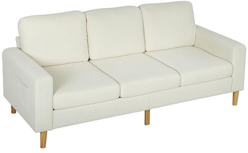 HOMCOM Canapé 3 Places en Velours Côtelé Design Moderne Canapé 192 cm Beige | Coussins à Ressorts, Assise Rembourrée, Idéal Salon, Chambre, Bureau