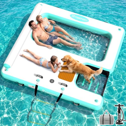Plataforma Hinchable Multiusos, Gran Isla Inflable para Perros y Familias, Plataforma Inflable 240×240cm con Rampa y Reposacabezas, Balsa Resistente para Piscina, Lago, Playa y Océano