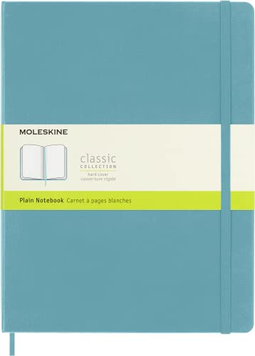 Moleskine Classic Plain Paper Notebook, Hard Cover and Elastic Closure Journal, Color Reef Blue, Size Extra Large 19 x 25 cm, 192 Pages