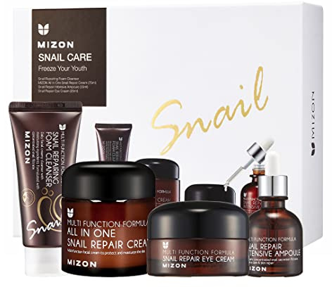 MIZON Full Korean Skincare Set Allin1 Snail Repair Cream Snail Repair Intensive Ampoule Snail Repairing Foam Cleanser and Snail Repair Eye Cream Stocking Stuffers Chirstmas Gift