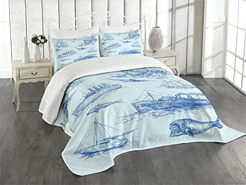 ABAKUHAUS Nautisch Tagesdecke Set, Wildlife Shark Boat, Set mit Kissenbezügen Waschbar, für Doppelbetten 264 x 220 cm, Babyblau Blau