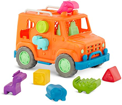 Battat – Wonder Wheels – leksakslastbil med formsorterare – utvecklande leksak för barn och småbarn, 9 delar – djur- och fruktformer – återvinningsbara material – safari formsorterare lastbil – 1 år +