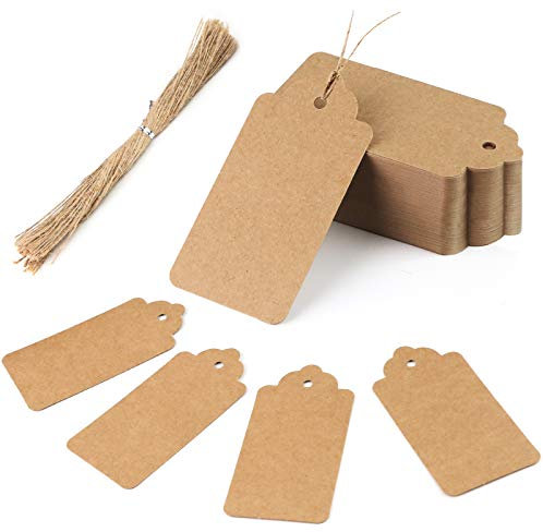 HAKACC Brown Gift Tags, 100 PCS 10 x 5cm Kraft Paper Tags with String for Present, Wedding, Halloween, Thanksgiving, Christmas
