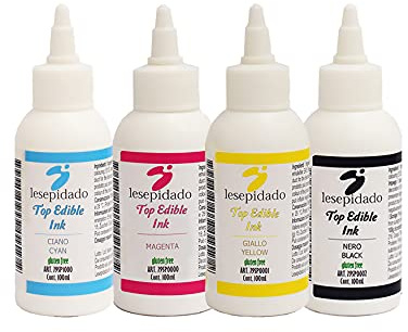Kit di 4 inchiostri alimentari da 100ml Lesepidado. Per stampanti alimentari Epson. Senza glutine. Magenta, Ciano, Giallo, Nero. Per decorare alimenti mediante tecnologia ink-jet.