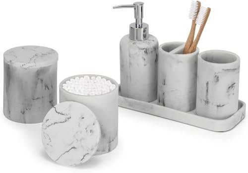 ZCCZ White Bathroom Accessory Set 6 Pieces - Organiser With Toothbrush Holder, Lotion Soap Dispenser, Vanity Tray and 2 Q-tip Holders - Modern Decor Accessories