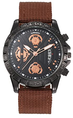 JewelryWe Militärklocka för män, nylonrem, armbandsur kvartskalender, lysande armbandsur, för jul, Fläckar brun, armband