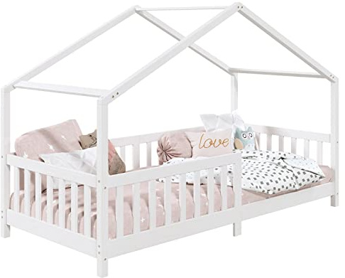 IDIMEX Lit cabane Enfant 90x190 cm LISAN lit Simple Montessori avec Barrières de Protection en Bois Massif lasuré Blanc