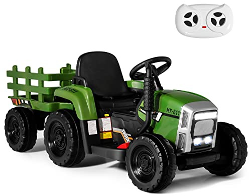 GYMAX Kids Electric Tractor with Detachable Trailer, LED Lights, Music, Horn, USB & Bluetooth, 12V Battery Powered Ride on Car for 3 Years Old + Boys Girls (Dark Green)