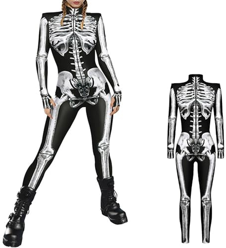 Nuevo mono de Halloween para mujer, mono de esqueleto 3D con estampado 3D, manga larga, para cosplay, traje de cuerpo completo