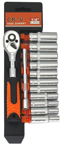 JinPhon 13Pcs Jeu de Clés à Cliquet 1/4, Coffret Clés à Douille Longues 1/4 Douilles Hexagonal Cr-V, Clef Cliquet Réversible avec Tige d'extension Douille Longue (4-14 mm)