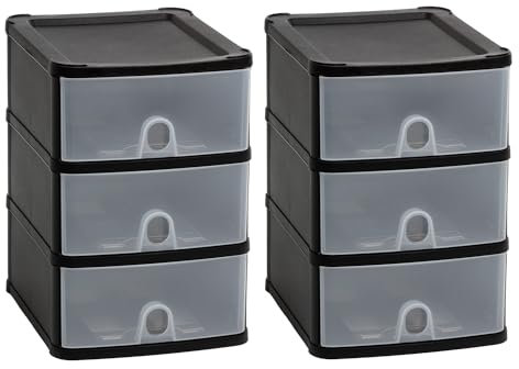 JMS we create smile (Set of 2) Clear/Black 3 Tier Plastic Storage Drawers - Storage Box Organiser Clear Transparent Drawers For Cosmetics/Stationery, Office & Home