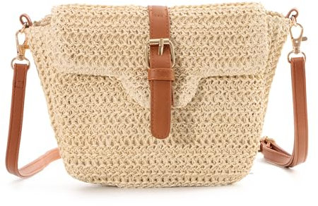 EVEOUT Sac à bandoulière en paille pour Femmes Filles Sac de paille à boucle Sac à main d'été en paille sac de plage tissé pour vacances voyages(Beige)
