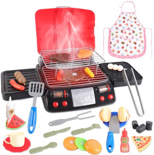deAO Küchenspielzeug Kindergrill, Küchengrill-Spielzeugset mit Schürze, Rollenspiel-Kochspielzeug-Grillzubehör, Outdoor-Küchenzubehör mit Licht, Sound, Dampf, Geschenke für Kinder ab 3 Jahren