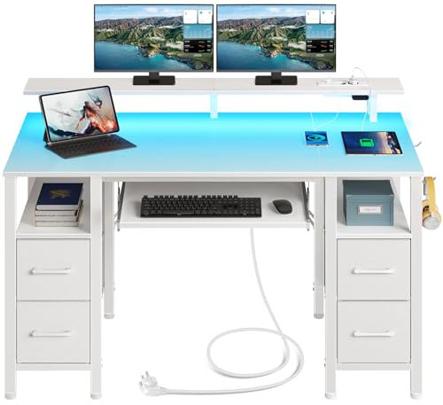Rolanstar Schreibtisch mit Schubladen, 120x47cm Gaming Tisch mit Steckdose, LED & Monitorständer, Computertisch mit Tastaturablage, Gaming Schreibtisch für Home Office, Büro, Wohnzimmer, weiß