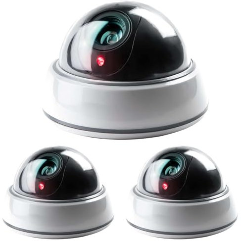 GAOUTO Lot de 3 caméras factices - Caméra de surveillance factice avec autocollants - Dôme transparent - Avec lumière LED rouge - Pour mur et plafond
