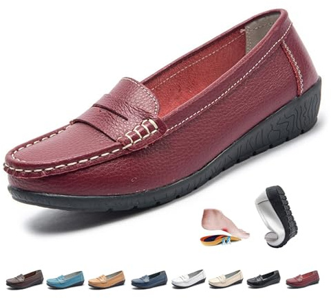 Mocassins orthopédiques pour femmes en cuir respirant, mocassins en cuir coupe large, mocassins classiques décontractés à enfiler pour le travail, le bureau, chaussures d'infirmière, bordeaux, 41 EU