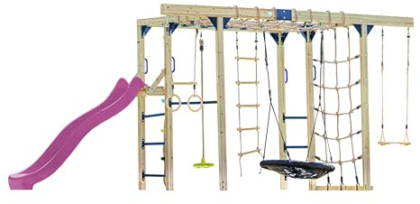AXI Boris Juego de Escalada para ninos Marron con tobogan Morado | Estructura Equipada para ninos con Diferentes Columpios, Trapecio, Redes para trepar y Barras de Mono.