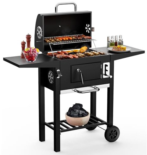 DKIEI BBQ Grill, Large Barbecue Grill Outdoor with Side Table & Air Vents, Portable Charcoal BBQ Grill with Lifting Charcoal Tray, Warming Rack, Temperature Gauge, Outdoor Smoker for Camping Garden