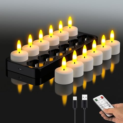HL Rechargeable LED Tea Lights with USB Charging Base & Remote Timer - Battery Operated Flameless Flickering Votive Candles for Weddings, Emergency, Halloween, and Christmas Decorative 12pcs