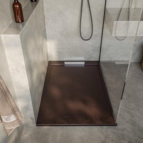 SOULBATH Plato de Ducha Extraplano Antideslizante – Resina Gel Coat - Textura Liso/Piedra – CHOCOLATE - 90X70 - Diseño elegante - Incluye Válvula de desagüe