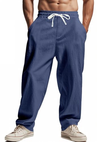 OLIPHEE Pantaloni Lino Uomo Estivi Lunghi con Tasche e Coulisse Casual Pantaloni Uomo Leggeri Larghi Comodo con Elastico in Vita Loose Fit Pantalone Yoga Spiaggia