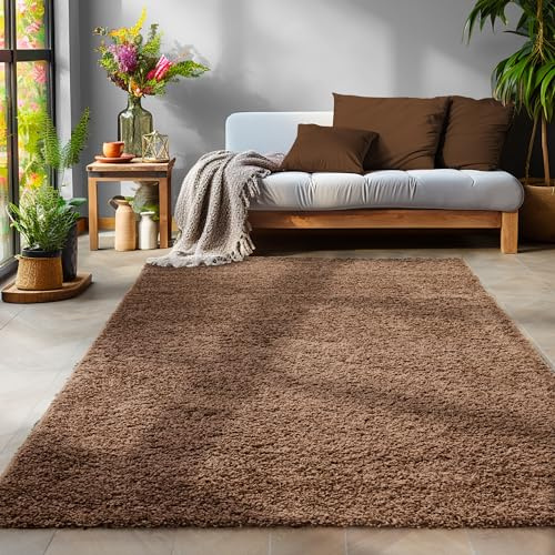 SIMPEX Flauschiger Teppich Wohnzimmer Schlafzimmer Läufer Flur Esszimmer Küchenteppich Hochflor Einfarbig Modernes Design 30 mm Florhöhe Kuschelweich, Braun, 80 x 150 cm
