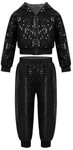 YOOJIA Jungen Mädchen Tanz Outfits Pailletten Sportanzug Hip Hop Street Dance Kleidung Set Glänzend Jazz Tanzkleidung Set Top und Hose A Schwarz 152-164
