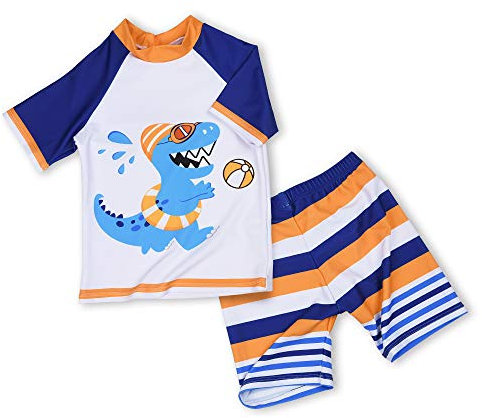 AMZTM Jungen Dinosaurier Badebekleidung 4.Toddler 2er Dino Badeshorts Trunk und Rashguard T-Rex Bedruckte Badeanzug Short Sets