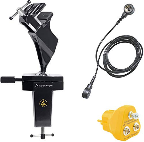 BERNSTEIN ESD Set Kugelgelenk-Schraubstock Drehbar 360° | Neigungswinkel +/- 45° | Zum Anklemmen | Ableitfähig + Stecker + Erdungsleitung | Spannweite 70 mm | Tischschraubstock