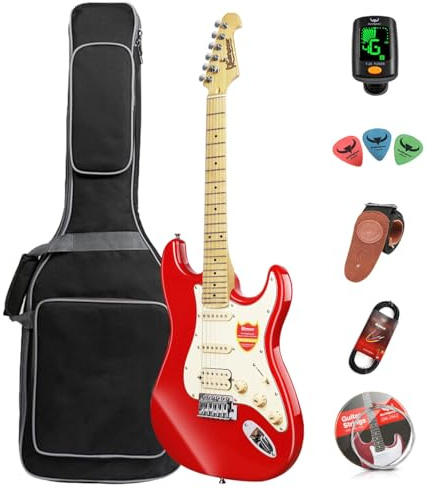 Bullfighter 39 Inch Electric guitar 4/4 Full Size, HSS Pickup, Guitar Electric ST for Beginner Starter Music Lover with 8 Accessories Guitar Bag, Strap, Picks, Tuner, Strings and Cable. D-120 (Red)