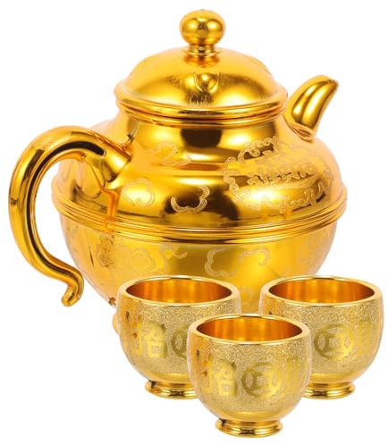 MAGICLULU Juego De Tetera De Café Turco: Juego De Té Dorado Con 3 Tazas De Café Hervidor De Agua Jarra De Vino Tetera Árabe Jarra De Leche Taza De Ofrenda Budista Copas Cálices