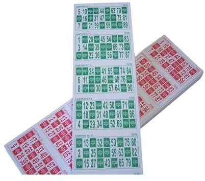 KEKA 1.200 Cartones de Bingo Pack Ahorro (1serie de 600 Verde +1serie de 600 Rojo) para Juego de 90 Bolas.