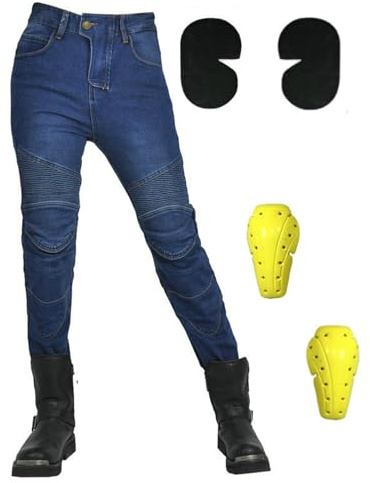 HOMDECR Pantalones De Moto para Mujer, Vaqueros De Motociclista Elástico Carreras Senderismo Pantalones con Bolsillos Y 4 Almohadillas Protectoras Desmontables (Azul,L)