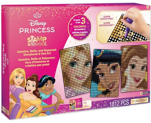 Make It Real Disney Stamp to Reveal Jasmine, Belle & Rapunzel Craft Kit for Kids - Create 2 Princess Dot Art Posters with 1,200 Dots & Stamper - Arts and Crafts Set for Children Aged 6+