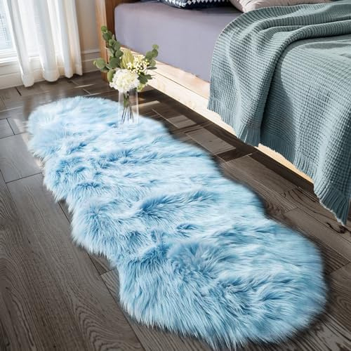Ciicool Ultra Soft Faux Sheepskin Fur Rug 2x6 Feet Fluffy Rug for Bedroom | Shaggy Fuzzy Carpet for Living Room Bedside Kid's Room Nursery Decor, Sky Blue